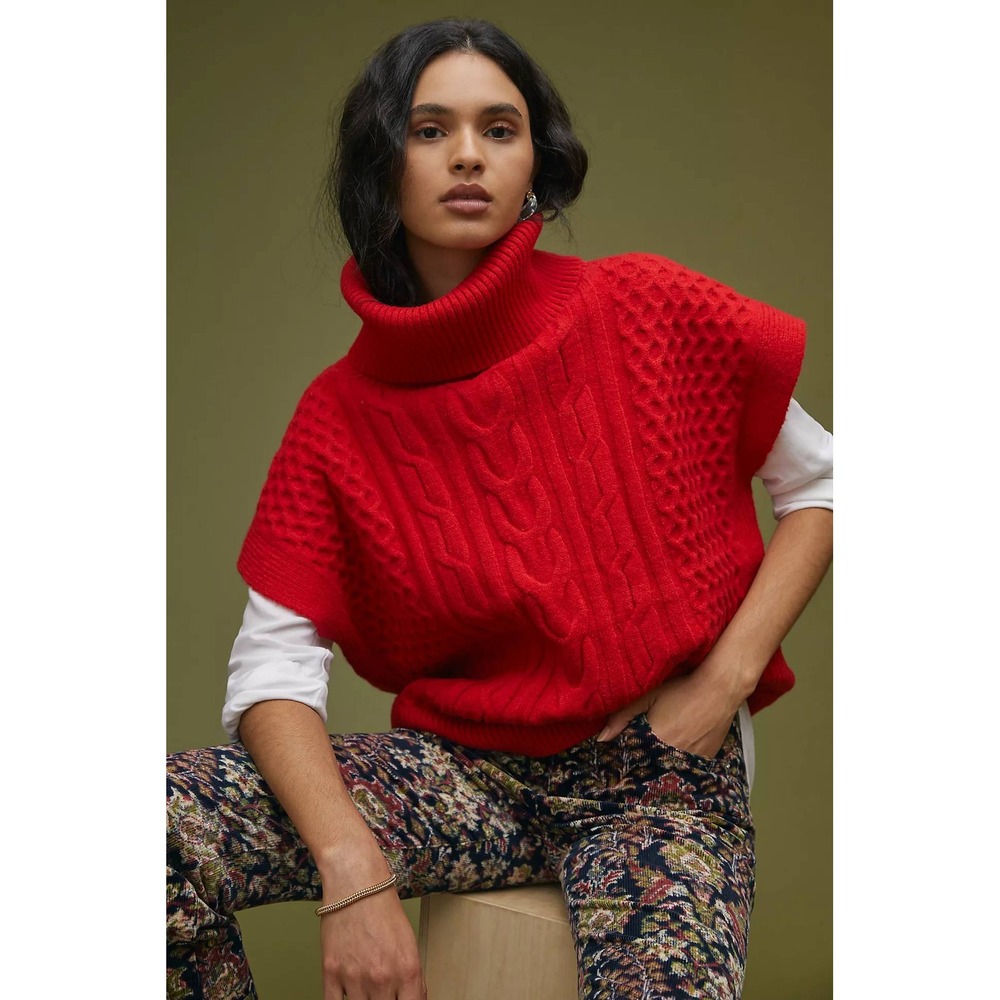 Callahan Knitwear Sweater Vest Women M Red Cable Knit Turtleneck Oversized